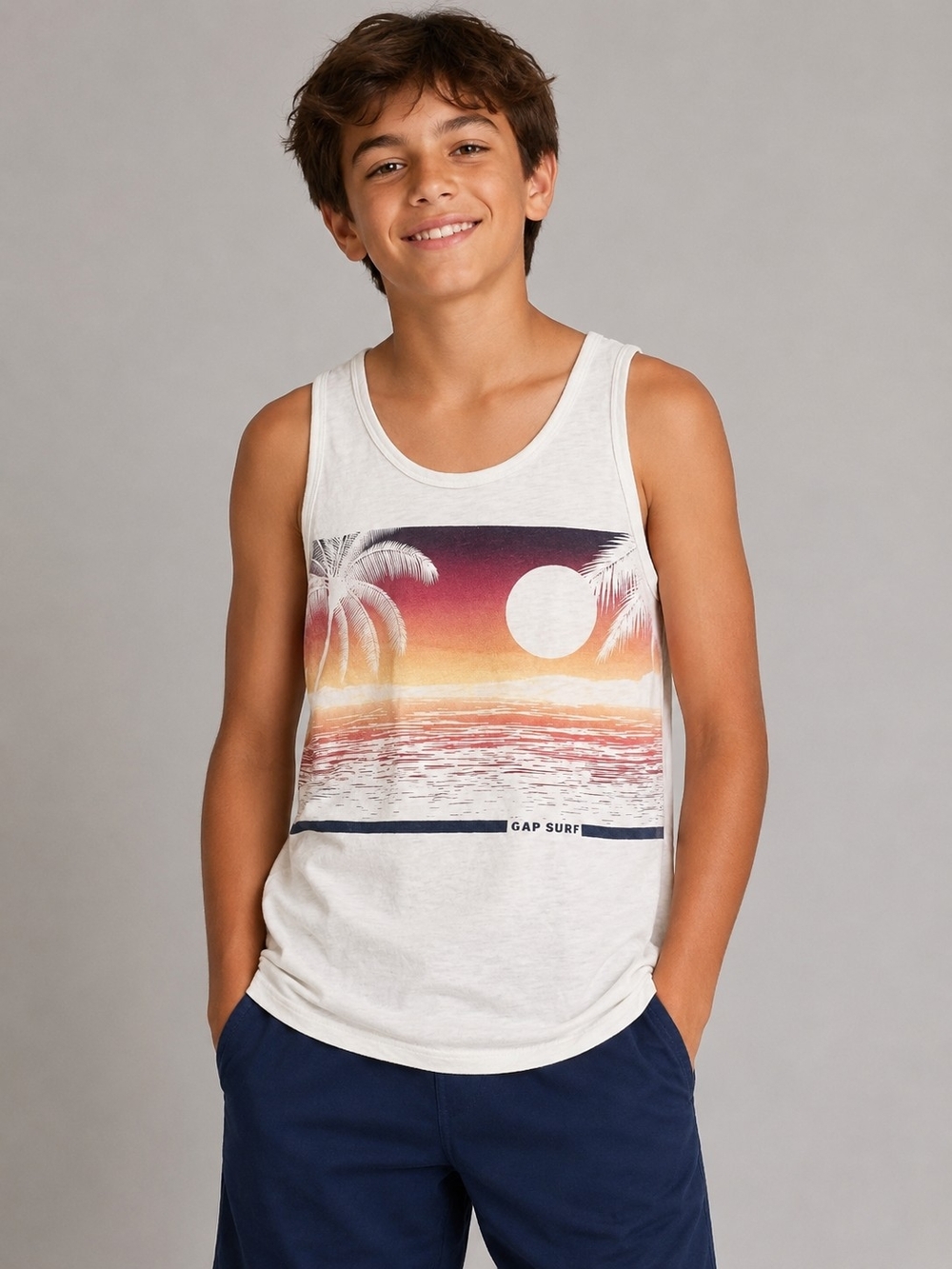 GAP White Boys' Tank Top with Sunset Surf Graphic Organic Cotton XXL 14/16